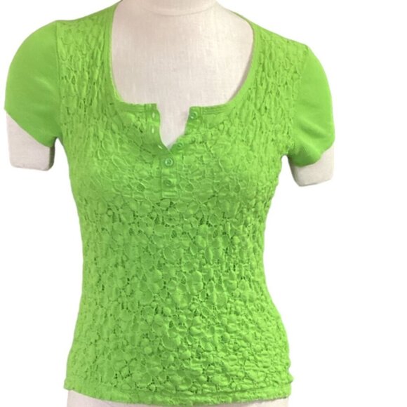 Jones New York Lace Front Button Short Sleeve Henley Top S Green #79B - Picture 1 of 7